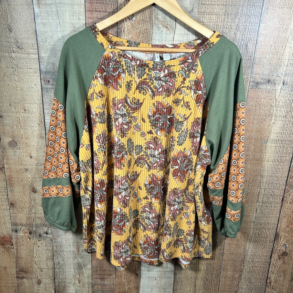 Cato 22/24W Floral Paisley Mixed Print Tunic Top Boho Mustard Green Plus Waffle